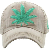 Cannabis, 420, Green Pot Leaf Logo Vintage Khaki Strapback Dad Hat by KB Ethos